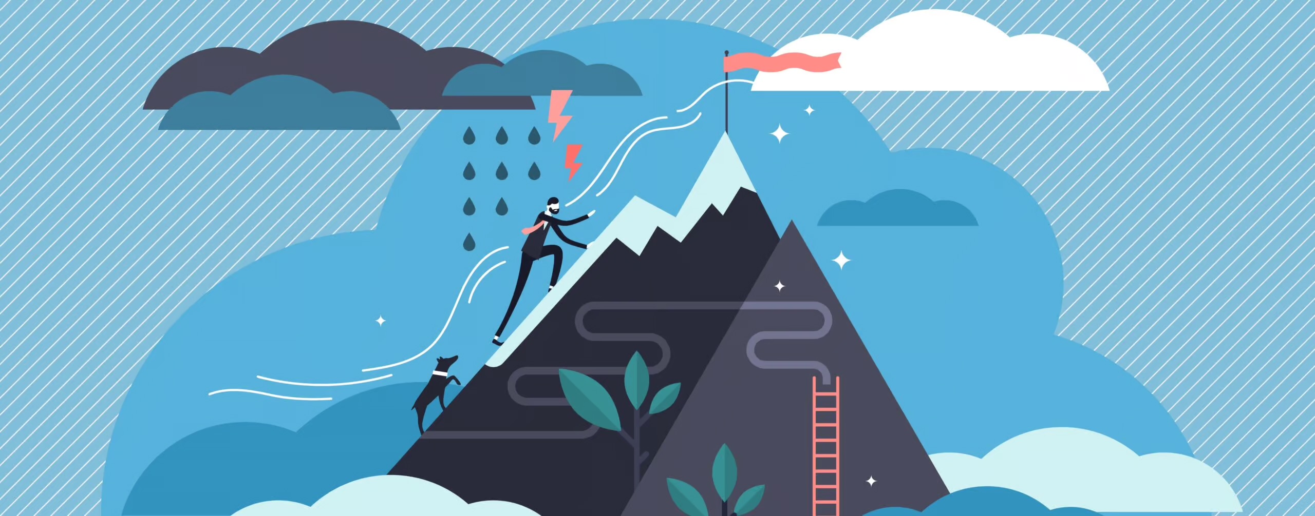 Illustration of a person climbing a mountain toward a flag at the top
